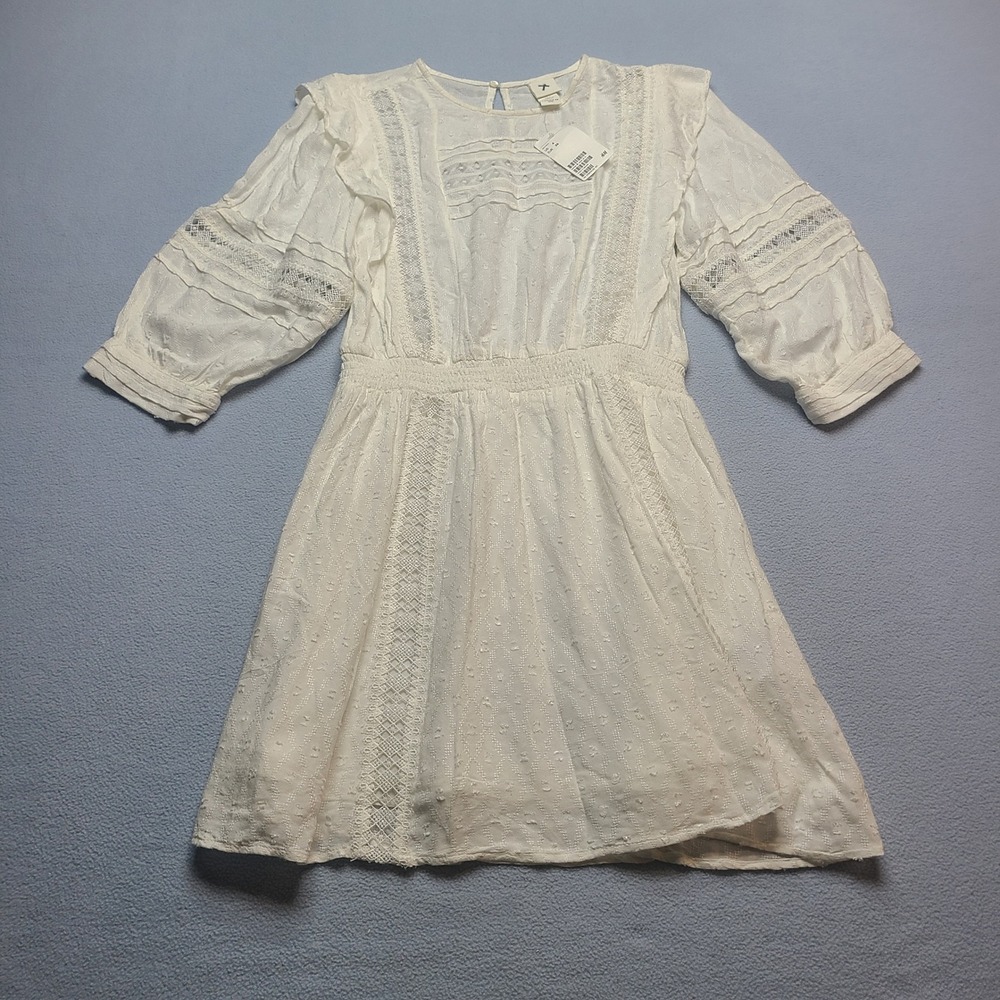 H&M Lace Mini Dress Womens 4 White New Boho Eyelet Ruffle Smocked Waist